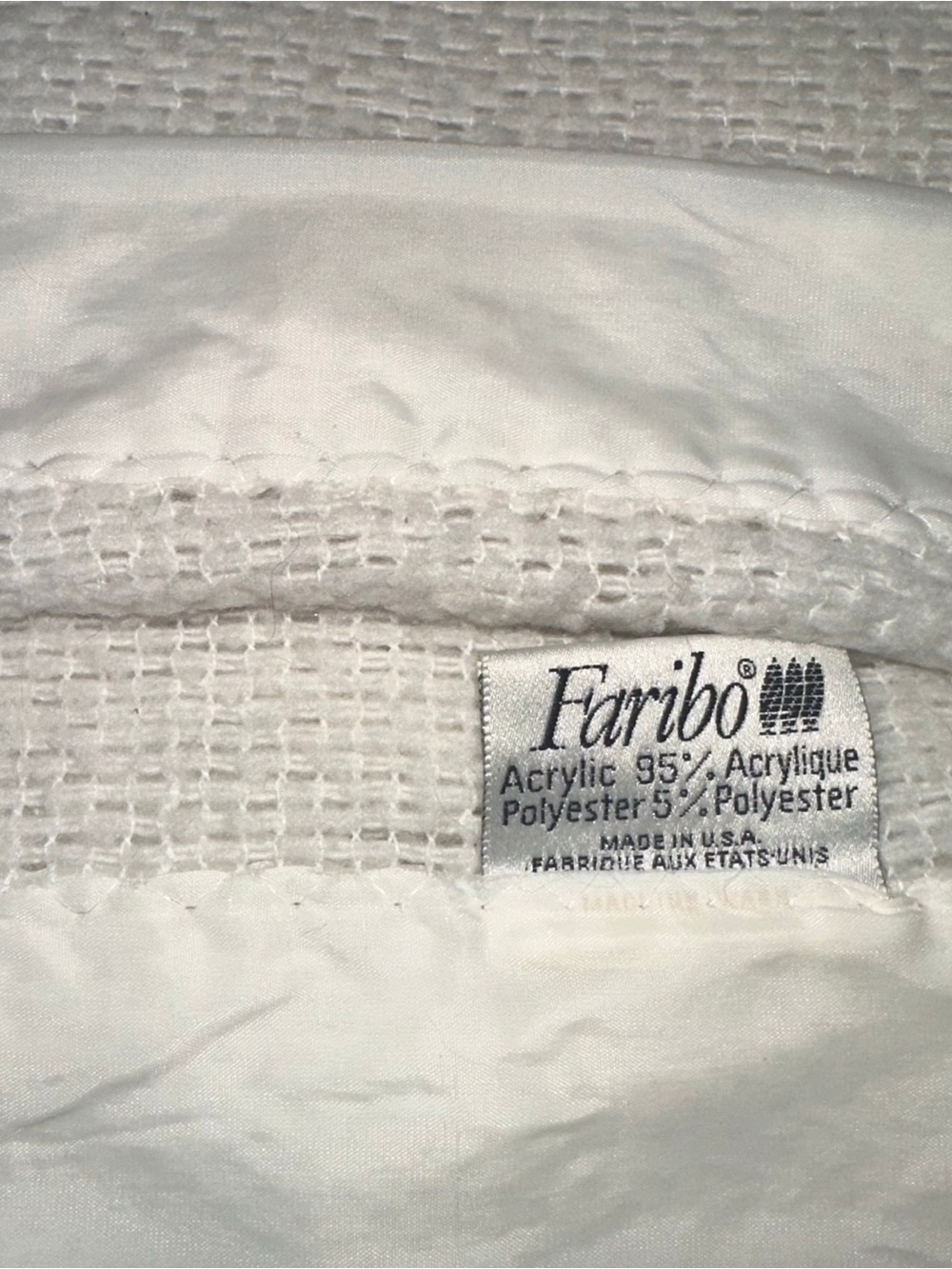 Vintage Off White Faribo Blanket Satin Trim Acrylic Waffle Weave 96x82 Queen